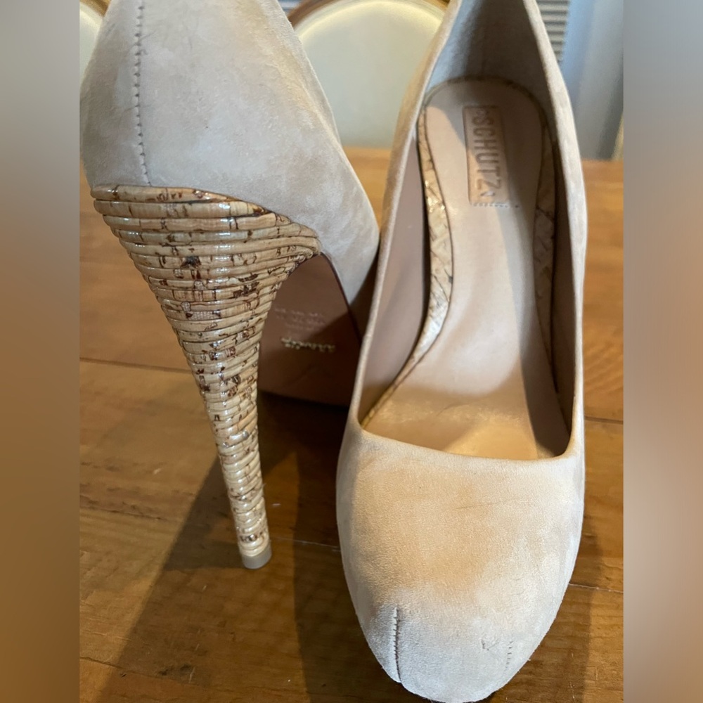 ‘Sold’ Schutz beige suede platform heels made in Brazil size 10